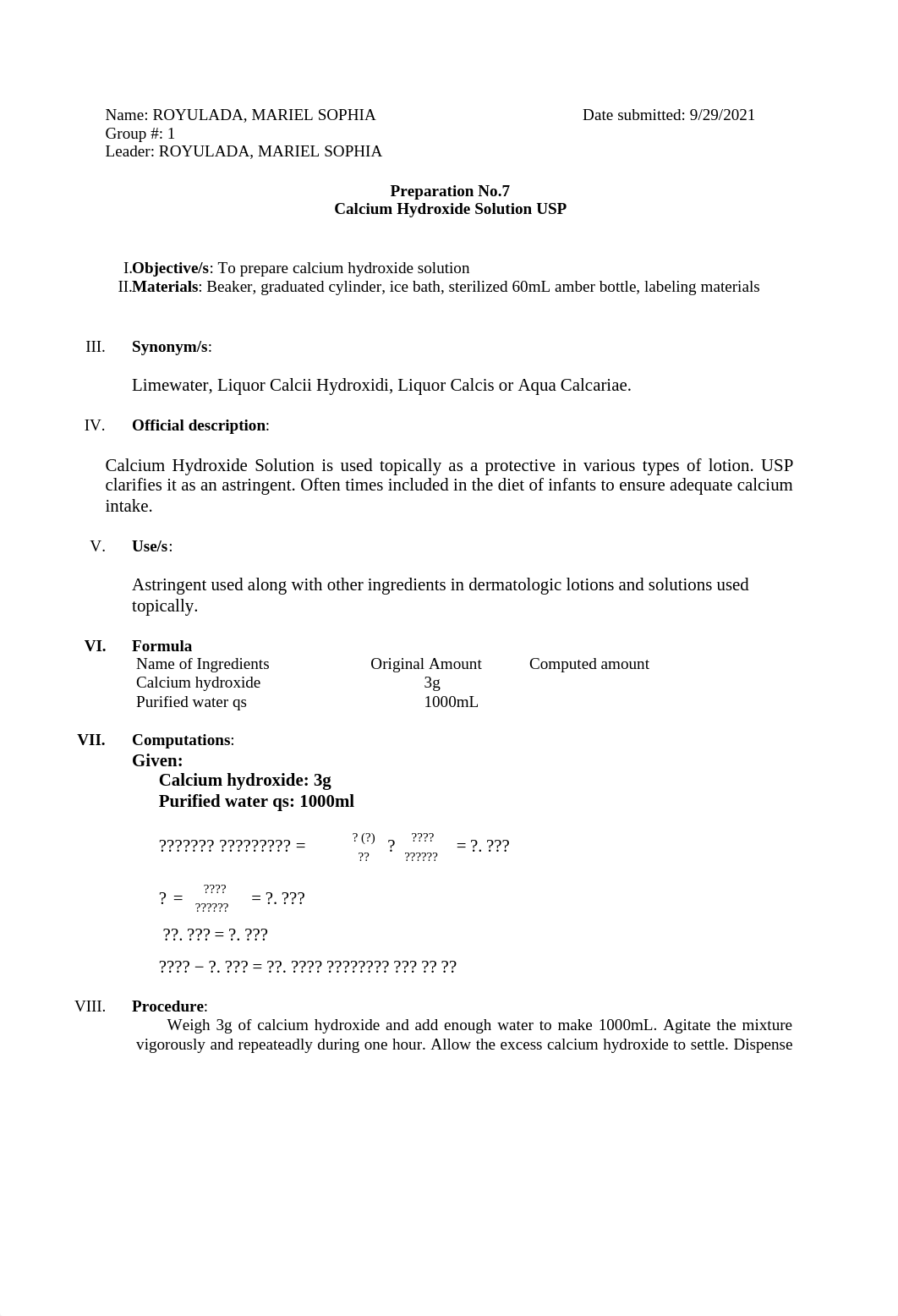 PHAR201 LAB - GROUP 1 - PREPARATION NO. 7 CALCIUM HYDROXIDE SOLUTION USP.pdf_ddcz83km1ei_page1