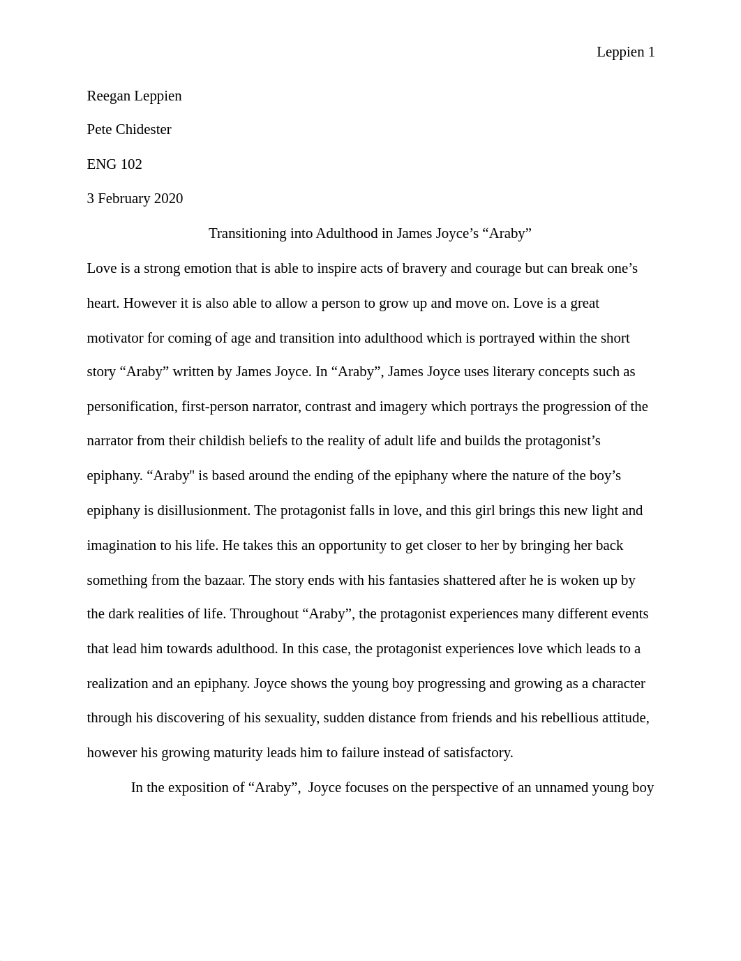 Essay 1 _Araby_ Short Story Analysis - Reegan Leppien (3).pdf_ddg47i1ztef_page1