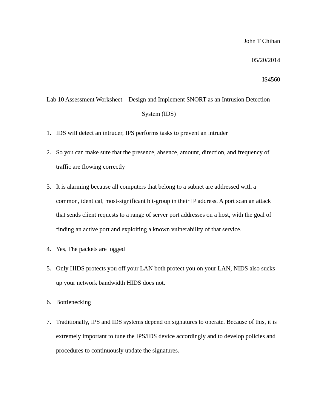 Lab 10 Assessment Worksheet - Design and Implement SNORT as an Intrusion Detection System (IDS)_ddhyy3juoop_page1