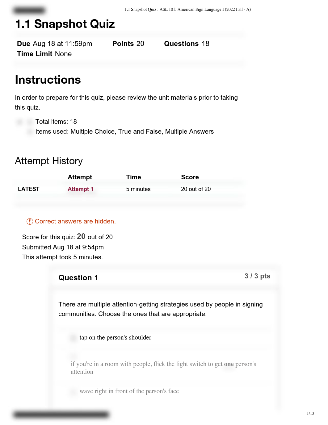 1.1 Snapshot Quiz _ ASL 101_ American Sign Language I (2022 Fall - A).pdf_ddkyde7lx2a_page1