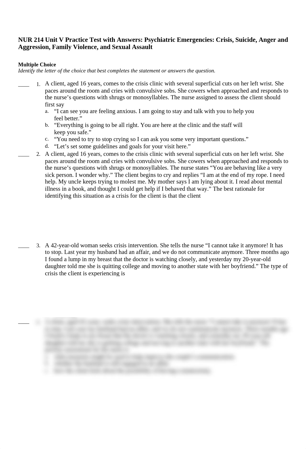 NUR 214 Mental Health Unit V Practice Test  and Answers 64 Questions- Revised 2020.docx_ddl654aja7g_page1