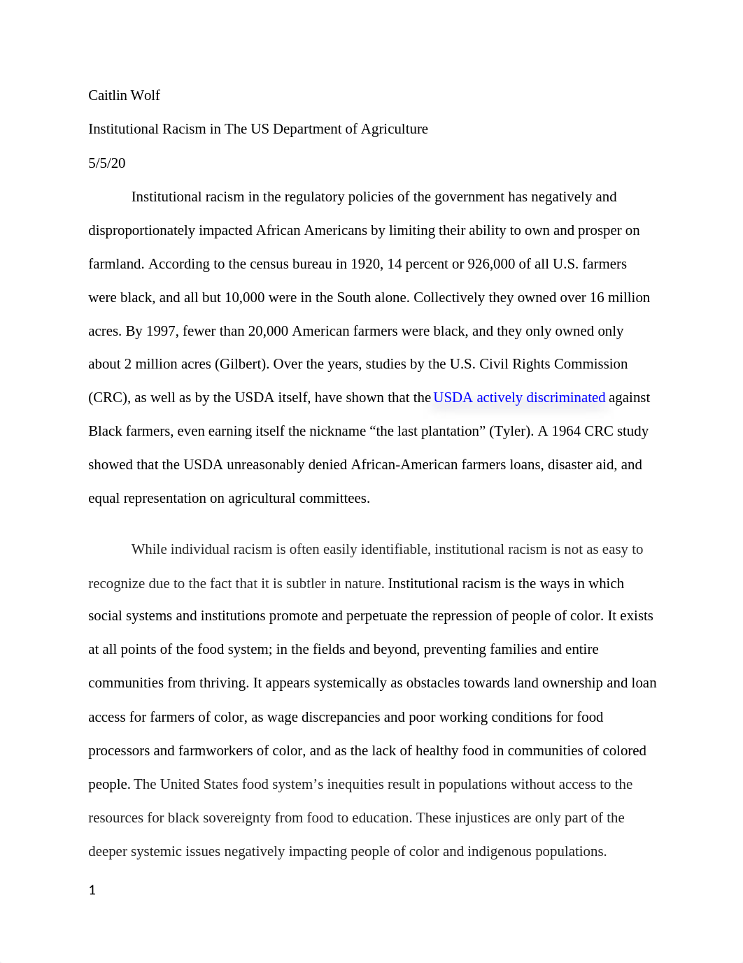 Institutional Racism in The USDA Research Paper (Wolf).docx_ddrb2jawom1_page1