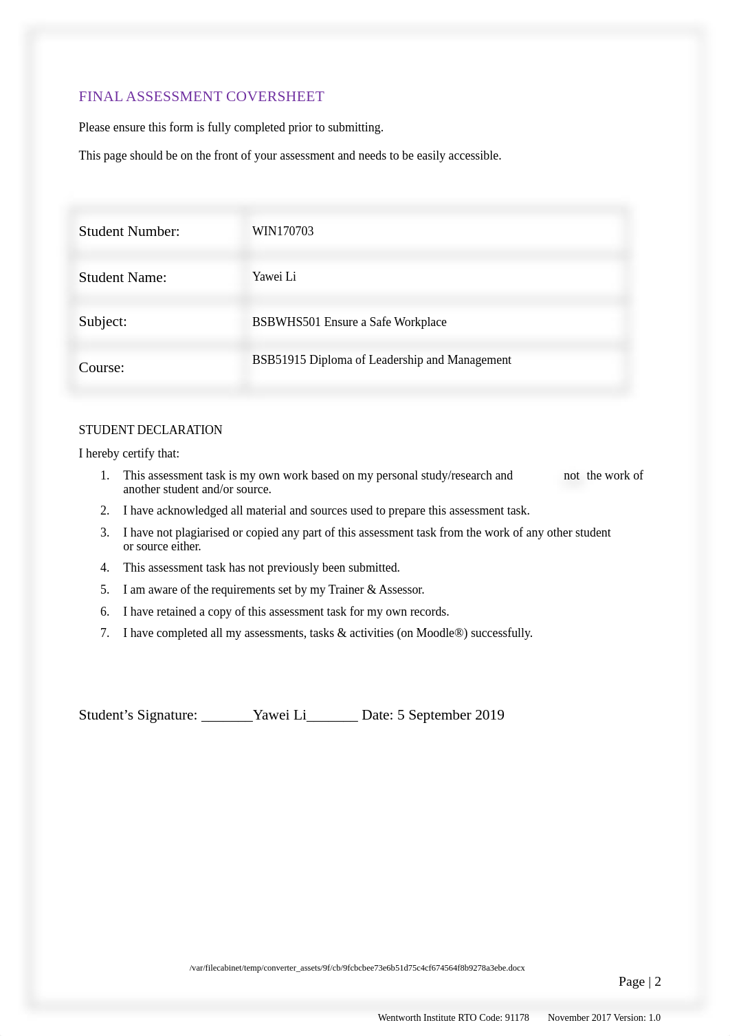 Ensure a Safe Workplace Final Assessment- Yawei Li(David) 170703.docx_ddsih3p7op6_page2