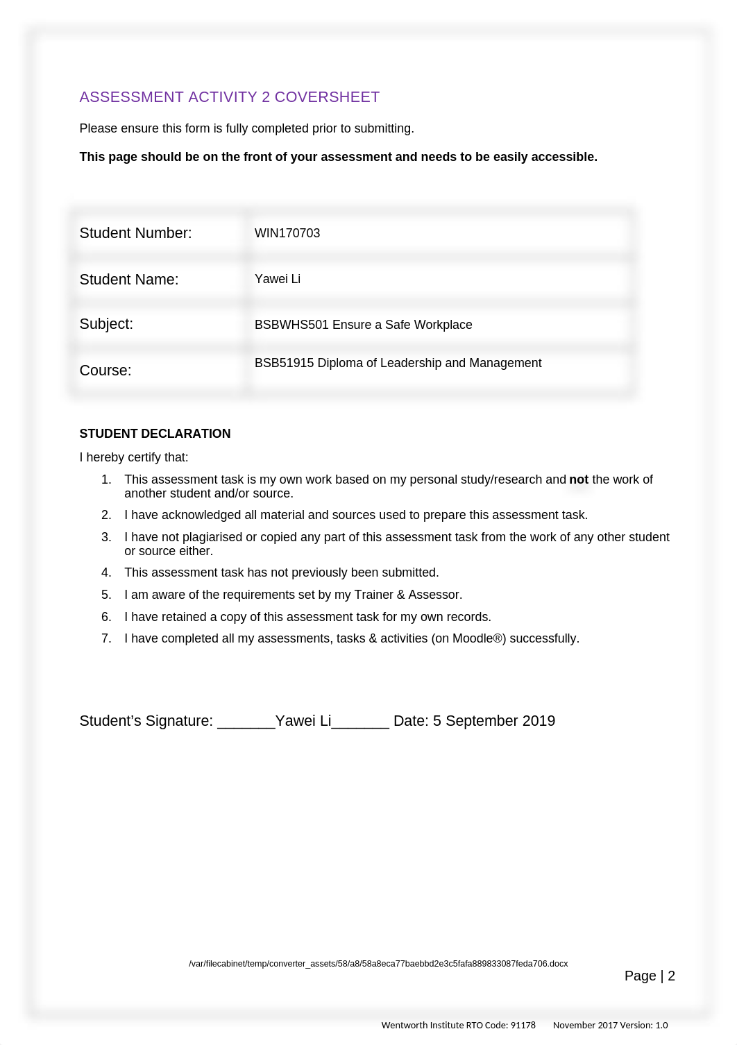 Ensure a Safe Workplace  Assessment 2- Yawei Li(David) 170703.docx_ddsx392zqcn_page2