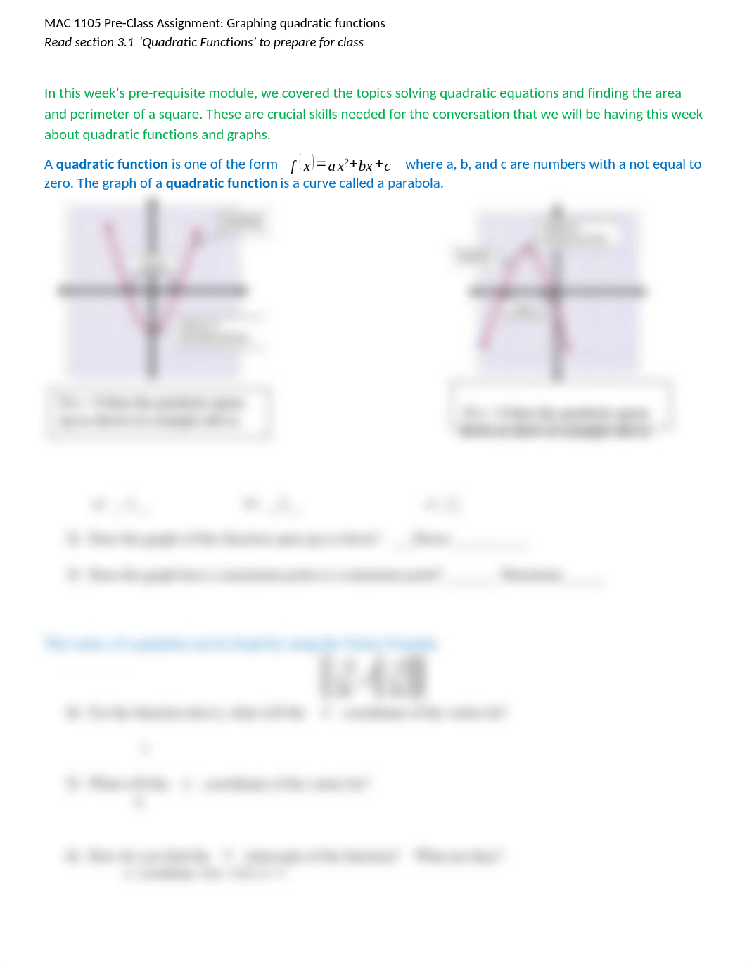 1105 Pre-Class Assignment Week 6 - Graphing a Quadratic Functions.docx_ddtf2smiona_page1