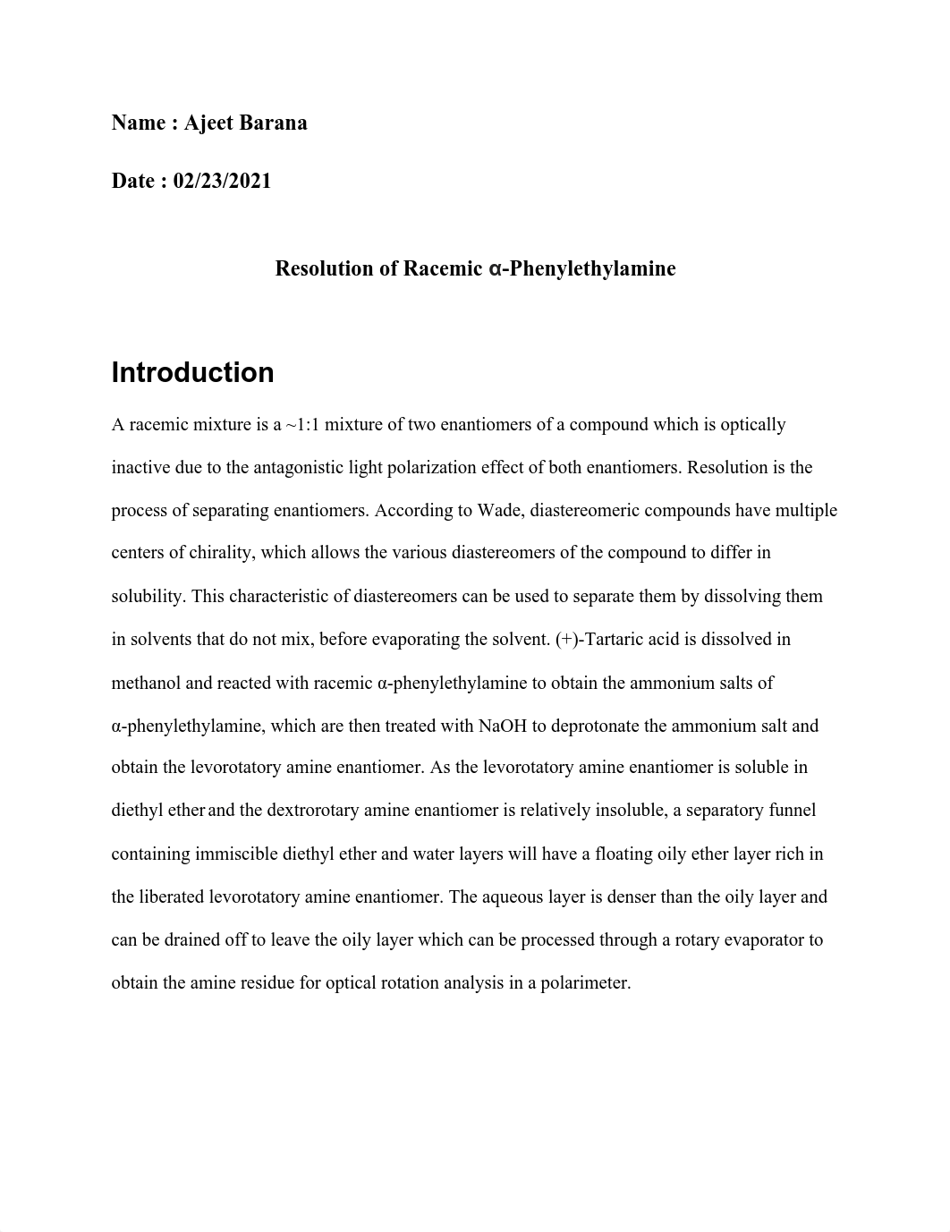 Lab Report (Resolution of Racemic α-Phenylethylamine).pdf_ddv7t4s935e_page1