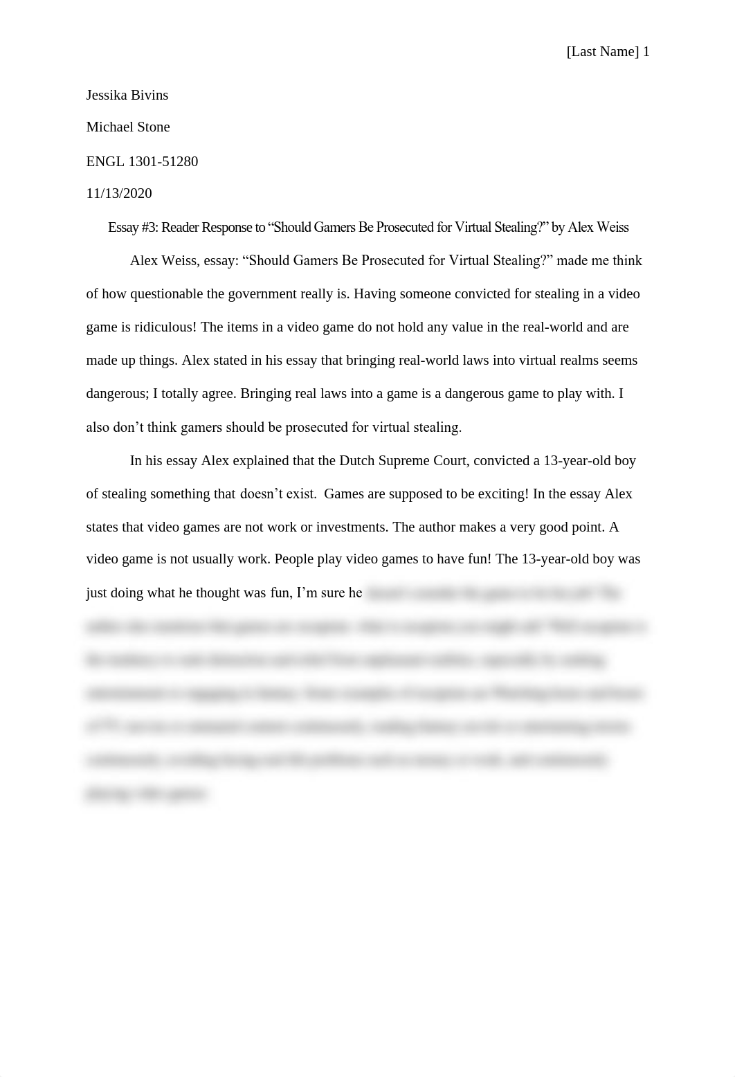 Essay #3 Reader Response to "Should Gamers Be Prosecuted for Virtual Stealing?" by Alex Weiss.pdf_ddwp0qcuec8_page1