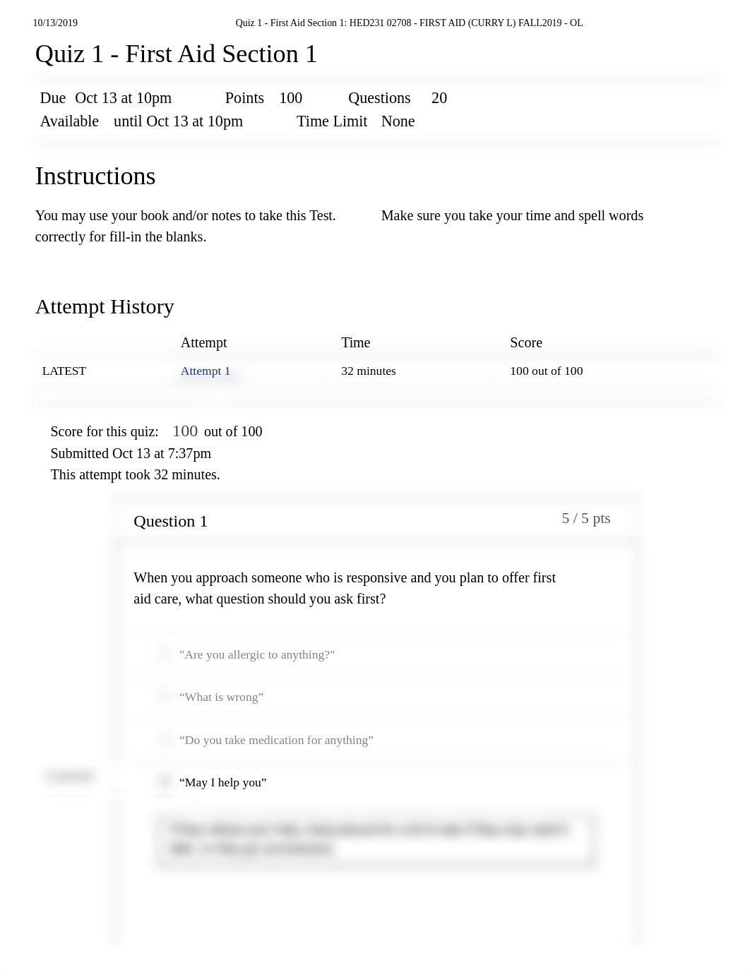 Quiz 1 - First Aid Section 1_ HED231 02708 - FIRST AID (CURRY L) FALL2019 - OL.pdf_ddzx6pl5w48_page1