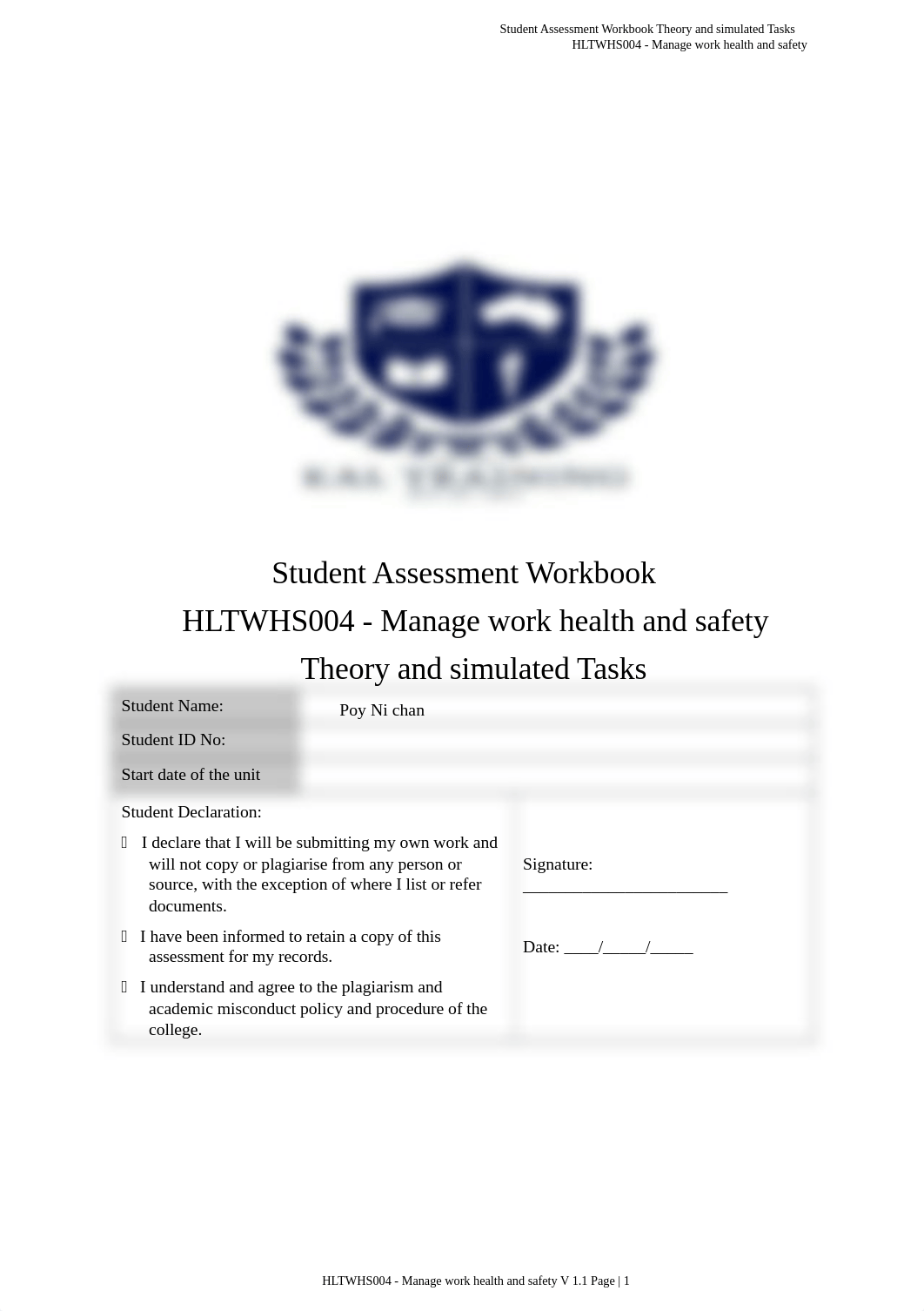 Student assessment Workbook HLTWHS004 - Manage work health and safety Theory and.docx_de1dtysx01j_page1
