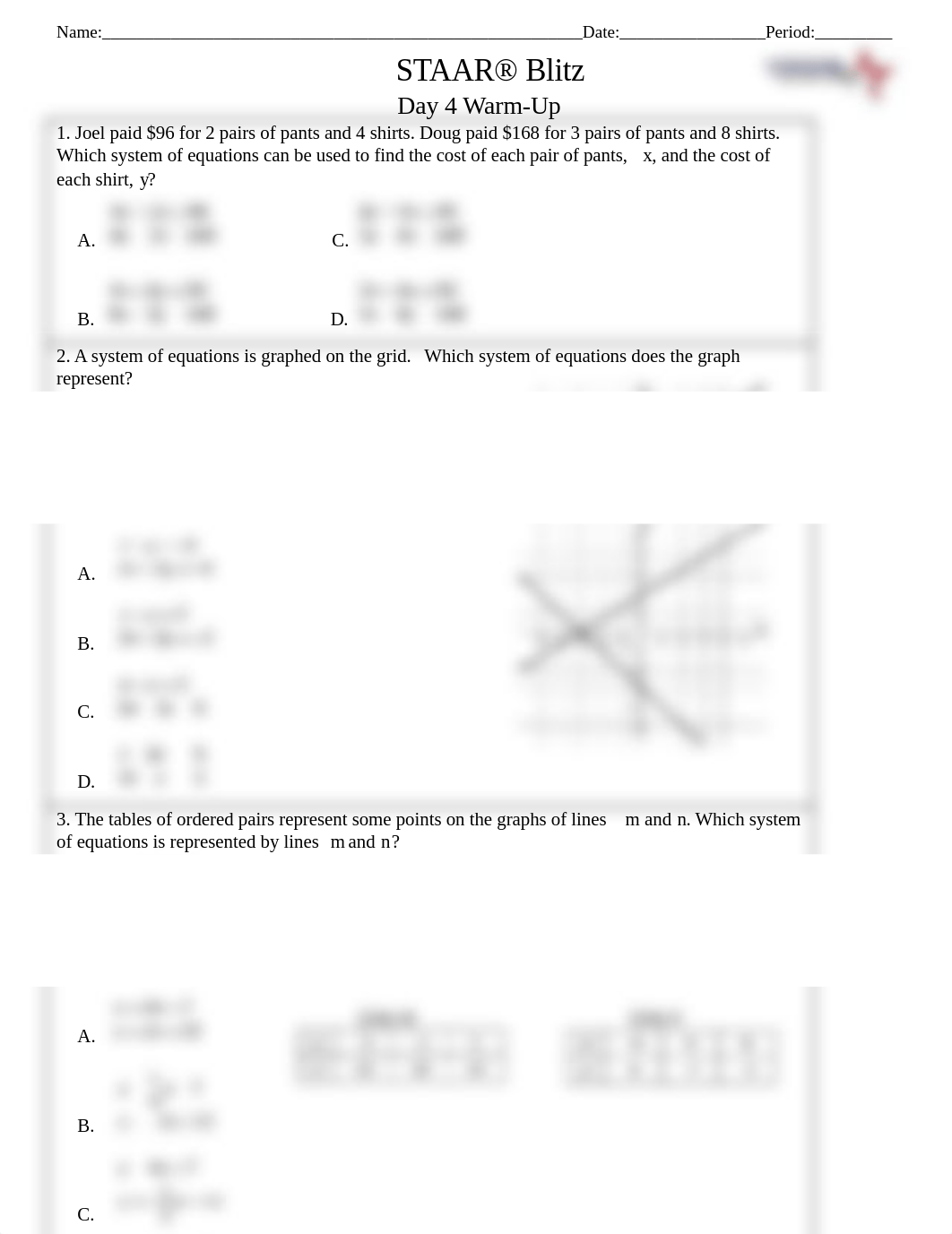 Ixtlali Hernandez - 1. Day 4. Warm-Up. STAAR® Blitz. Math. Algebra I. 2020-2021. Lowman Consulting L_de2hz895url_page1