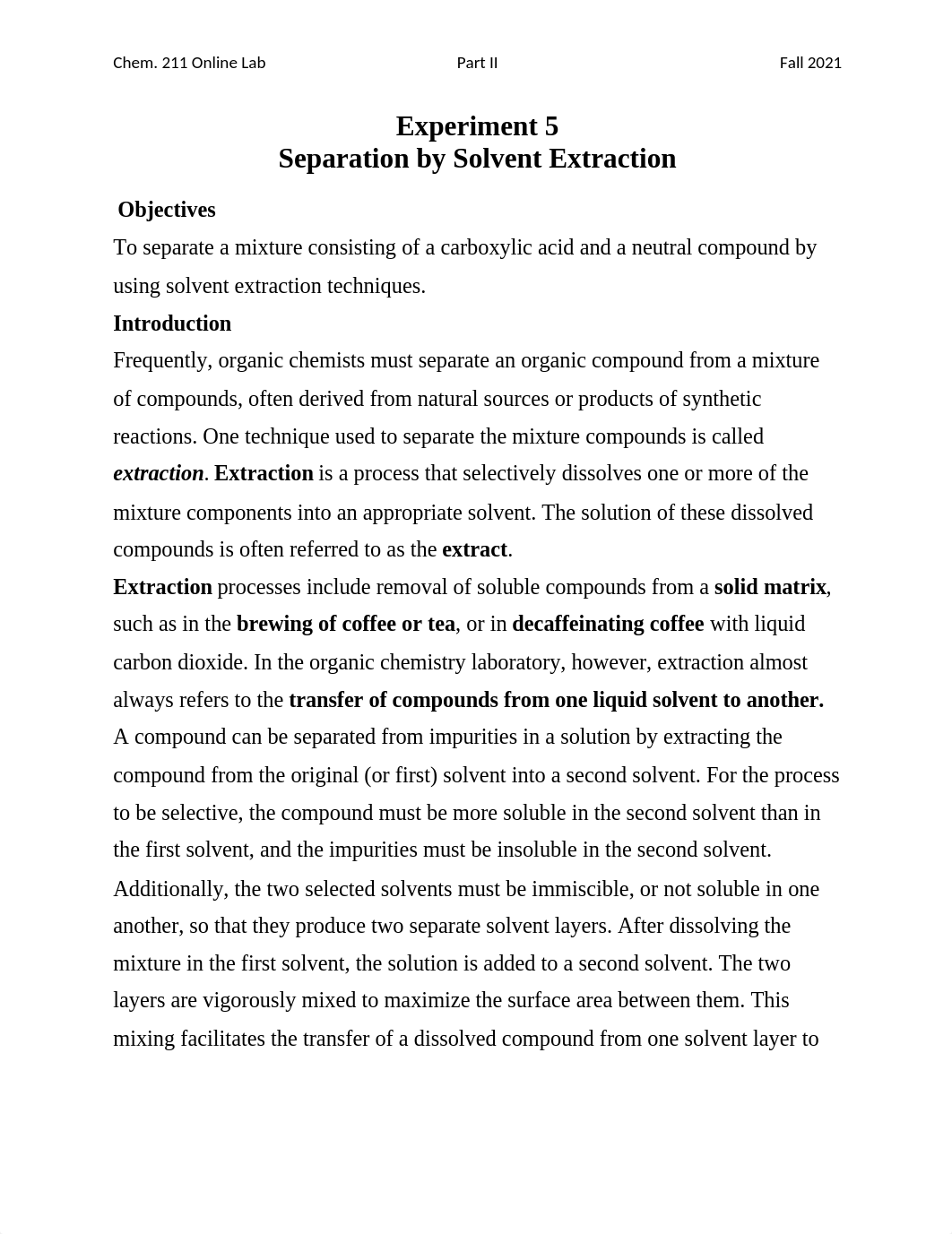 Chem 211 Online Experiment 5 Separation by Solvent Extraction Part II Fall 2021.docx_de2xc8v207u_page1