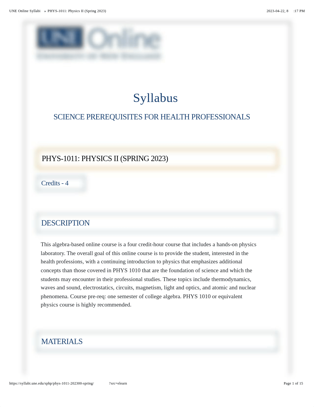 UNE Online Syllabi » PHYS-1011: Physics II (Spring 2023).pdf_de3cx7iqc5f_page1