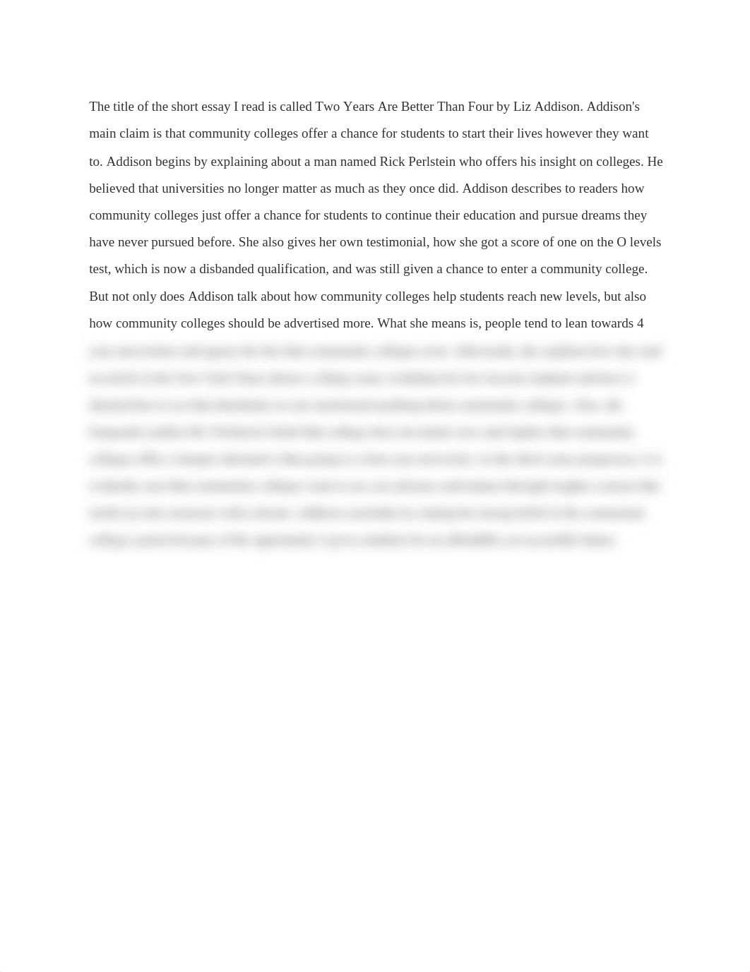 The title of the short essay I read is called Two Years Are Better Than Four by Liz Addison.docx_de6p2g3ap7x_page1