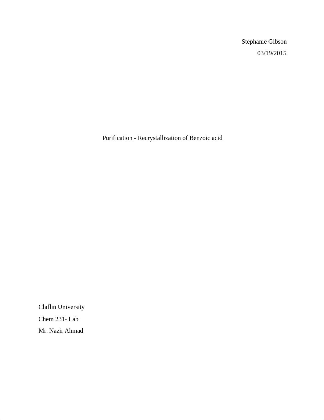 Purification - Recrystallization of Benzoic acid lab report_de7llcytit6_page1