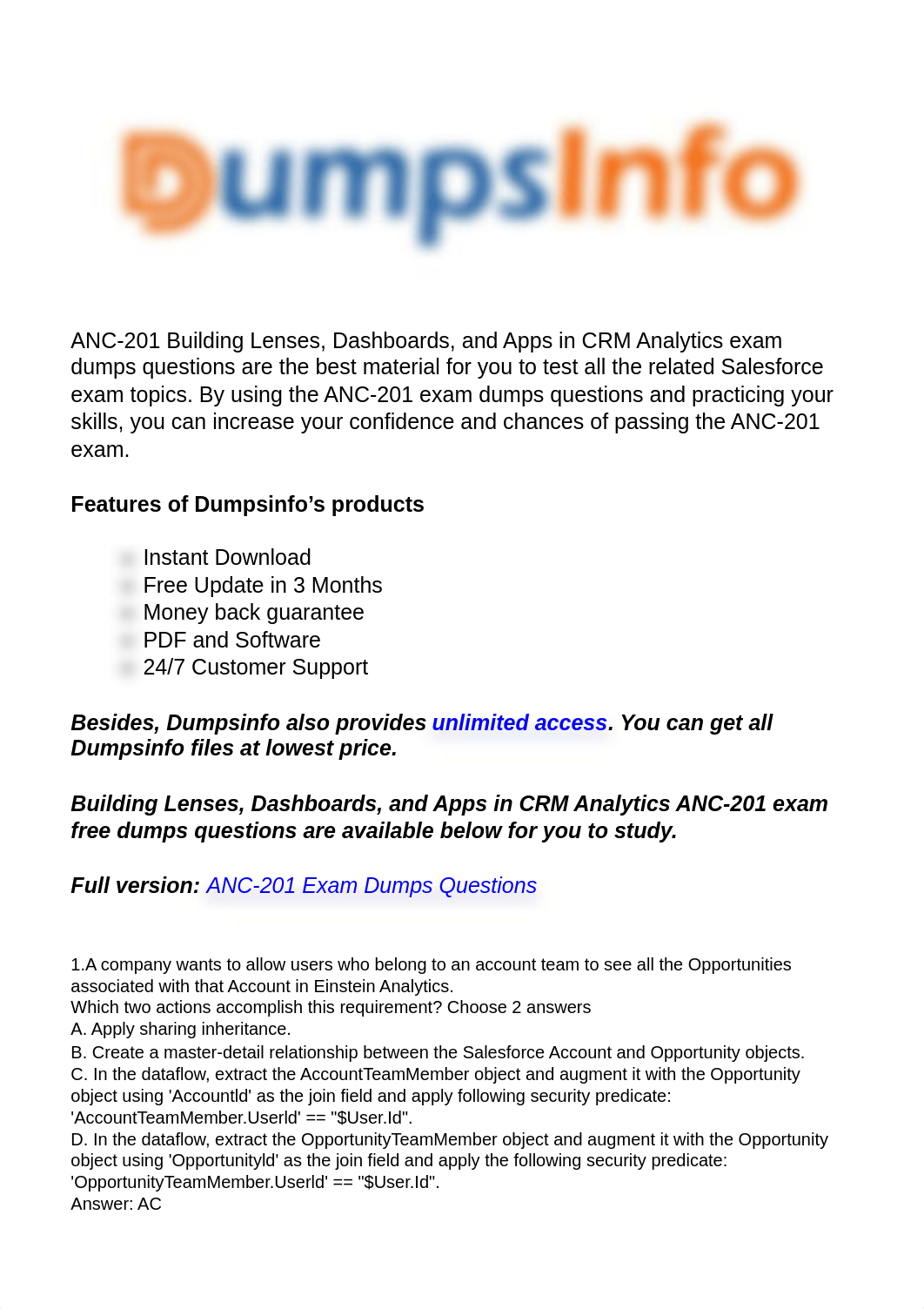 Dumpsinfo ANC-201 Building Lenses, Dashboards, and Apps in CRM Analytics Questions.pdf_debx1az9ly6_page1