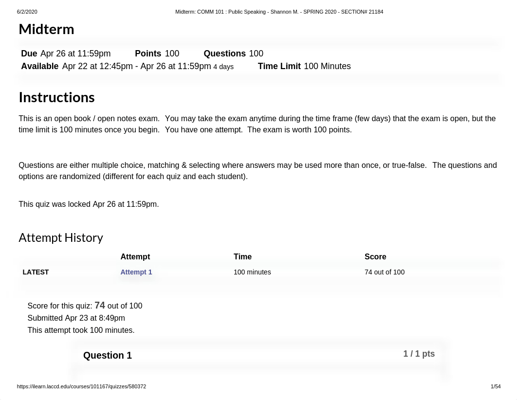 Midterm_ COMM 101 _ Public Speaking - Shannon M. - SPRING 2020 - SECTION# 21184.pdf_ded6hlze8ox_page1