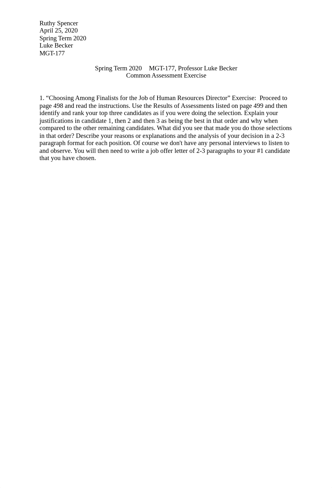 Spring 2020,  MGT 177 Staffing Common Assessment Exercise, Luke Becker.docx_degw4wngcl4_page1