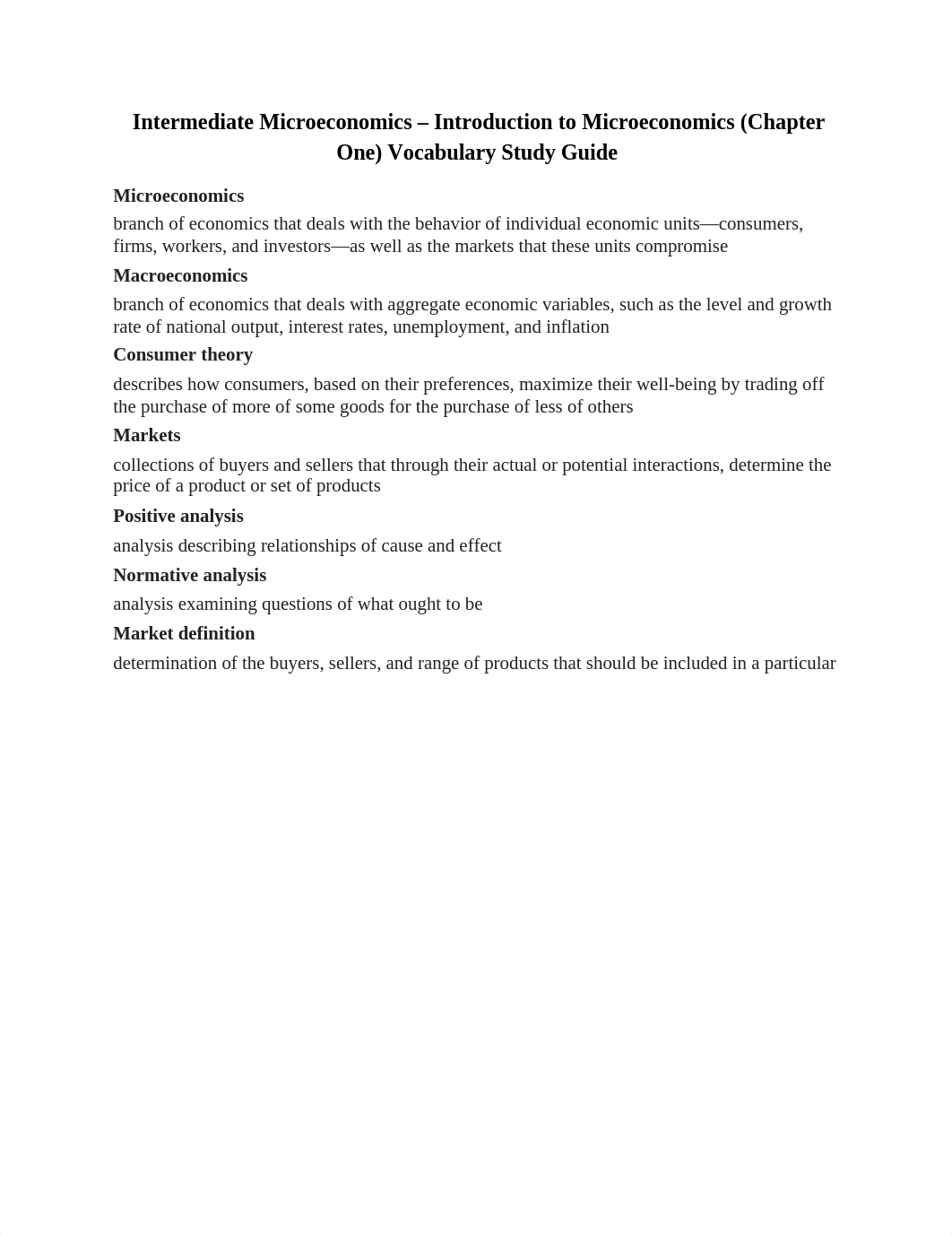 Intermediate Microeconomics - Introduction to Microeconomics (Chapter One) Vocabulary Study Guide_dei5ng1vf6d_page1