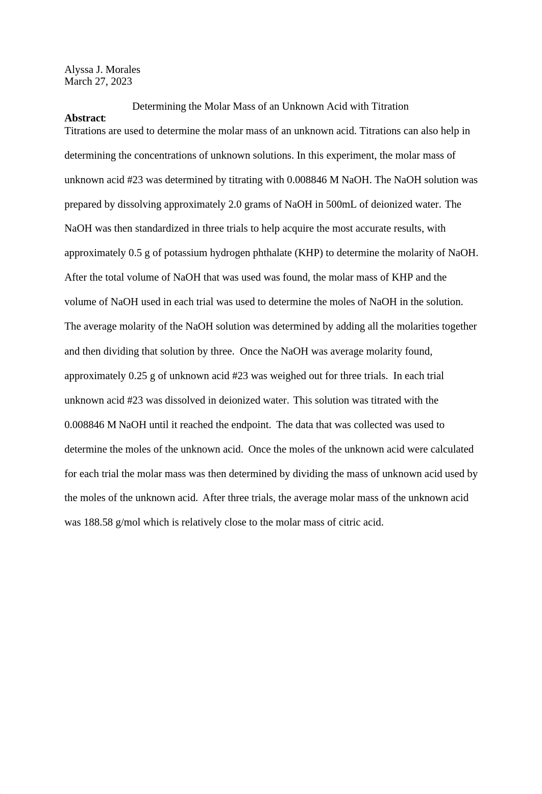 Determination of the Molar Mass of an Unknown Acid Lab Report.docx_dek1zsj6s5j_page1