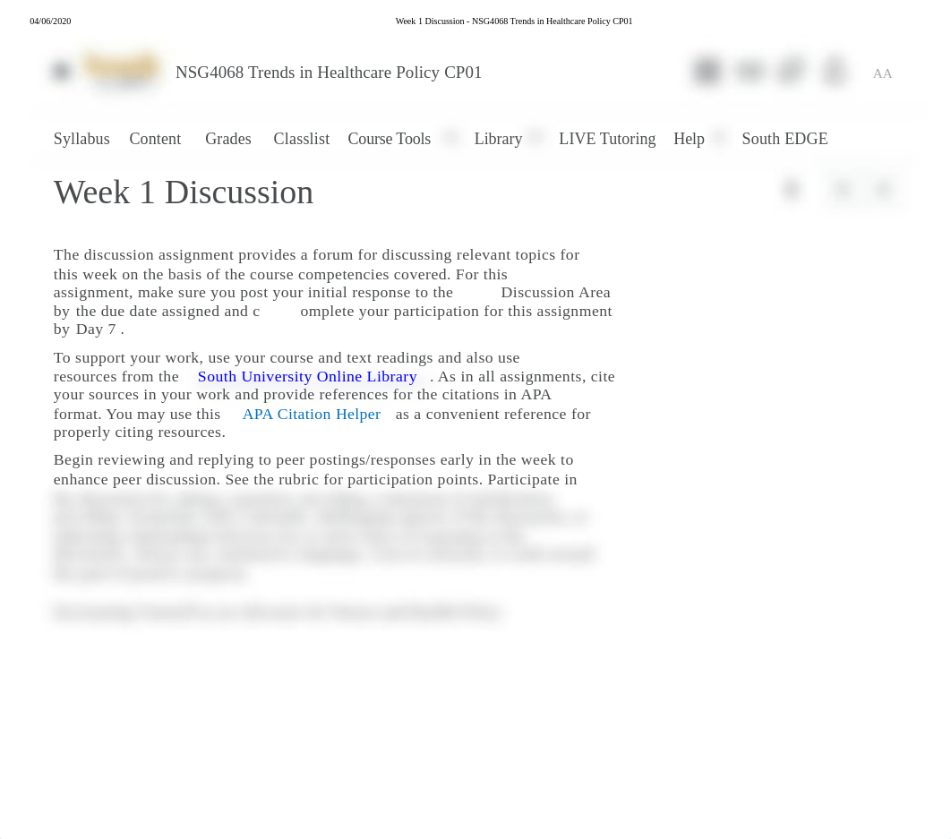 Week 1 Discussion - NSG4068 Trends in Healthcare Policy CP01.pdf_dek9o2yahvd_page1