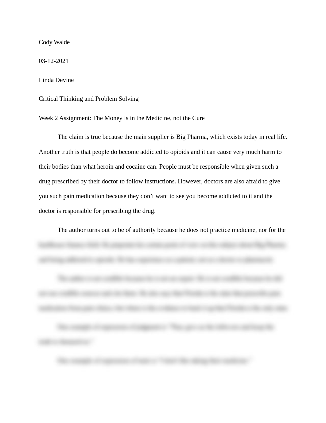 Critical Thinking and Problem Solving Week 2 Assignment The Money is in the Medicine Not the Cure.do_deko7be8j89_page1