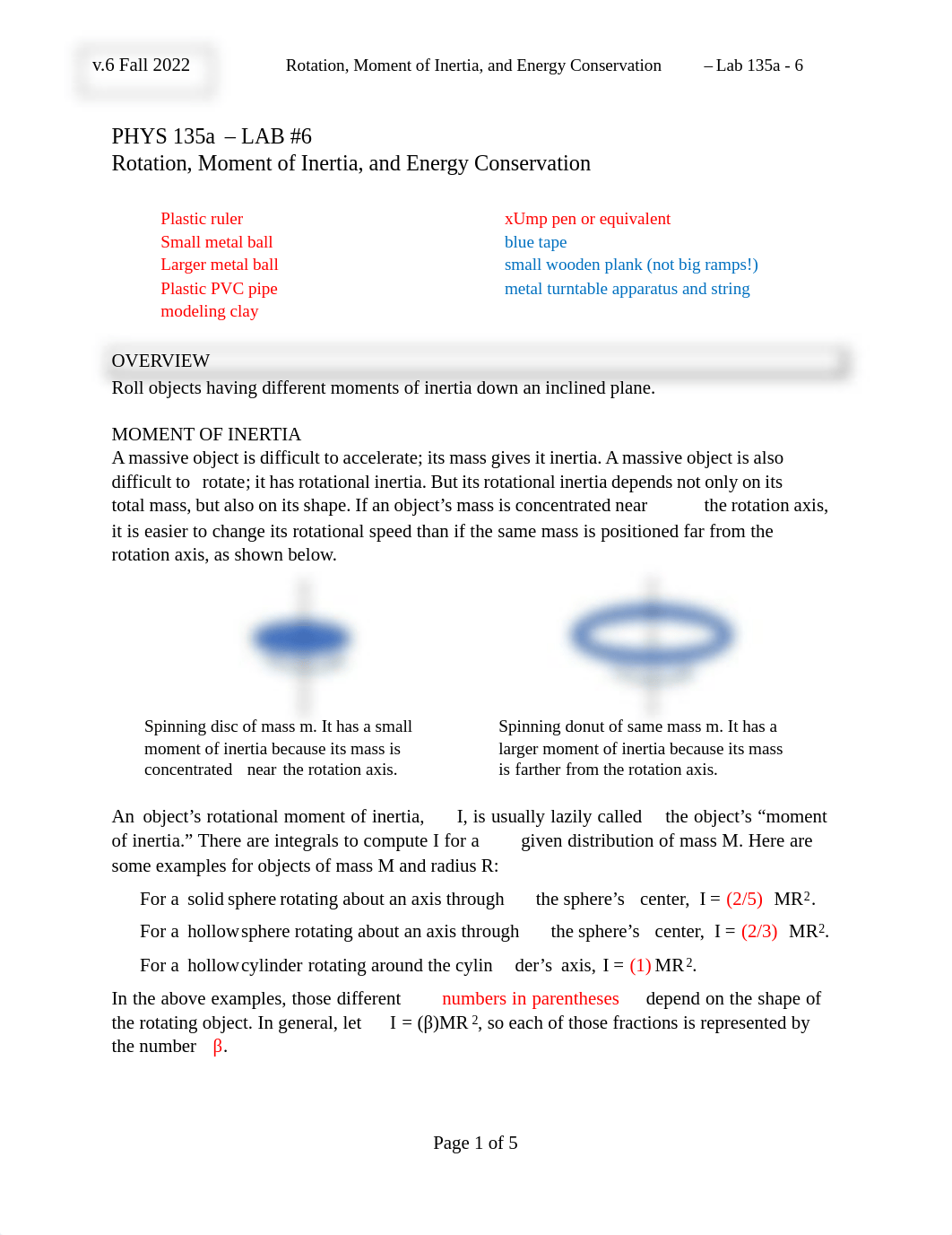 135a - Lab 6 - Rotation, Moment of Inertia, and Energy Conservation - Fall 2022 v6 at USC.pdf_dem6jdkswa6_page1