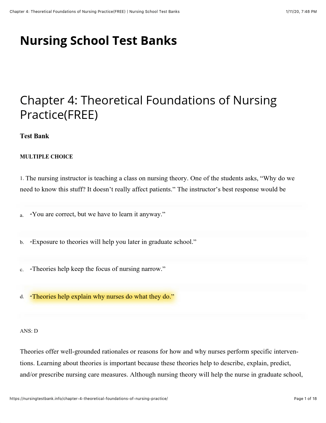 Chapter 4: Theoretical Foundations of Nursing Practice(FREE) | Nursing School Test Banks.pdf_demjyvxjsde_page1