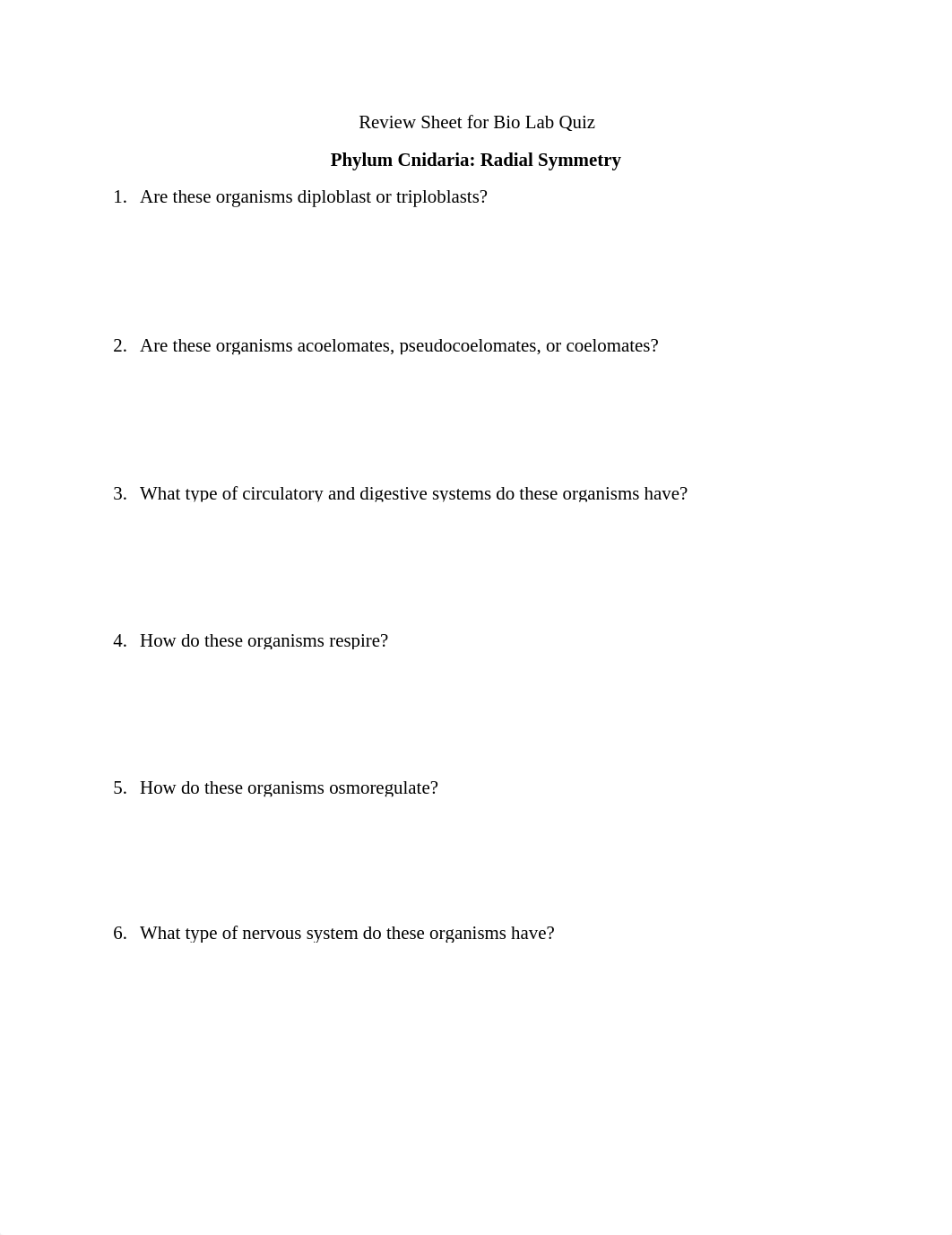 Review Sheet for Bio Lab Quiz
Phylum Cnidaria: Radial Symmetry
1. Are_dep0u5ng3mr_page1