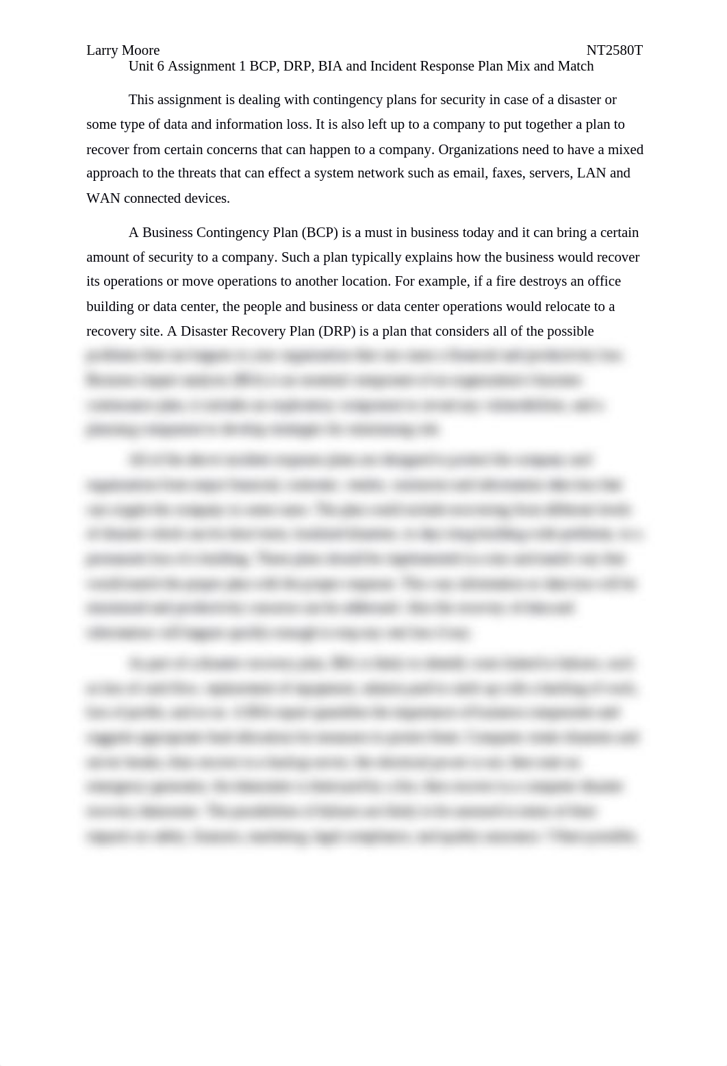 Unit 6 Assignment 6.2 BCP, DRP, BIA and Incident Response Plan Mix and Match_dep404juvd5_page1
