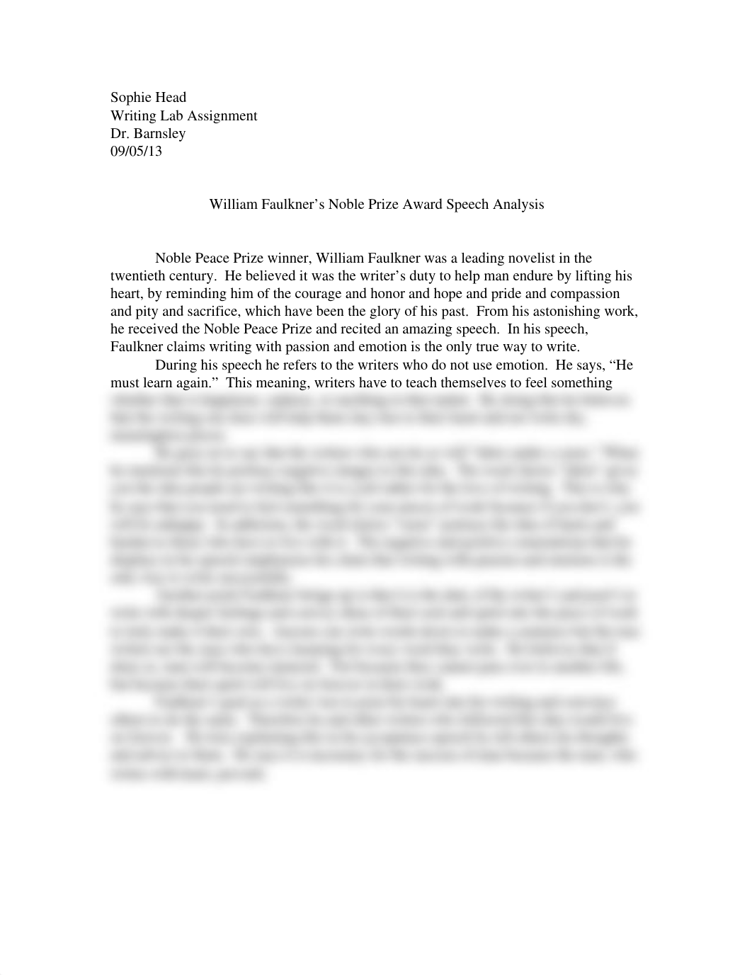 William Faulkner's Noble Prize Award Speech Analysis - writing lab assessment_depyyeyuivo_page1