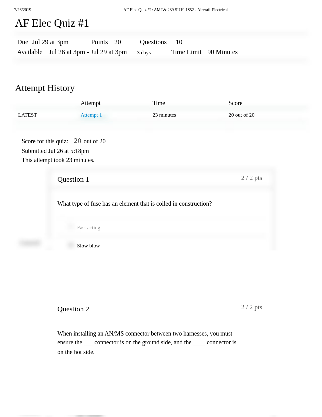 AF Elec Quiz #1_ AMT& 239 SU19 1852 - Aircraft Electrical.pdf_deshgvmcfoh_page1