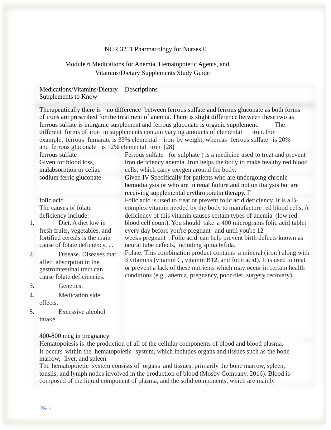 Pharmacology II - Module 6 Indications for Anemia, Hematopoietic Agents, Vitamins and Dietary Supple_det40mudizg_page1