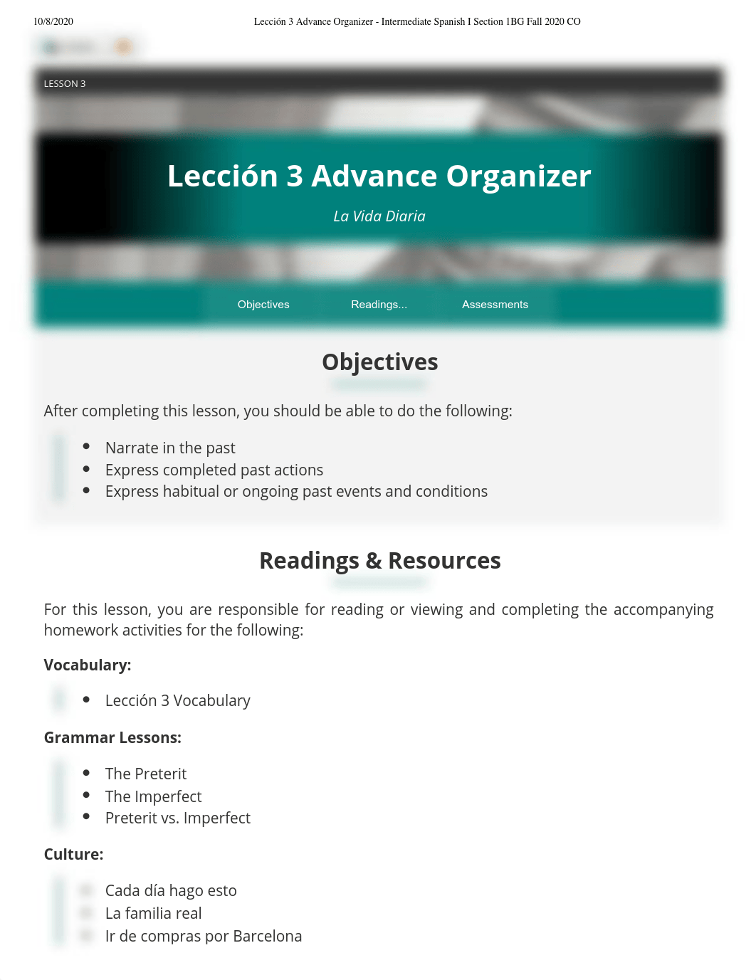 Lección 3 Advance Organizer - Intermediate Spanish I Section 1BG Fall 2020 CO.pdf_detjokuro3o_page1