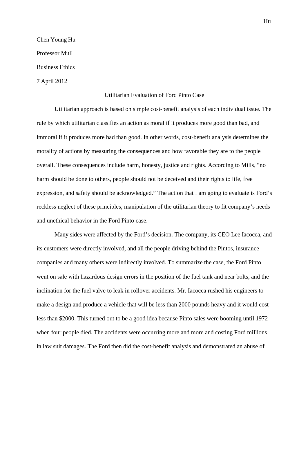 Chen Young Hu - Utilitarian Evaluation of Ford Pinto Case_detrzdberrf_page1