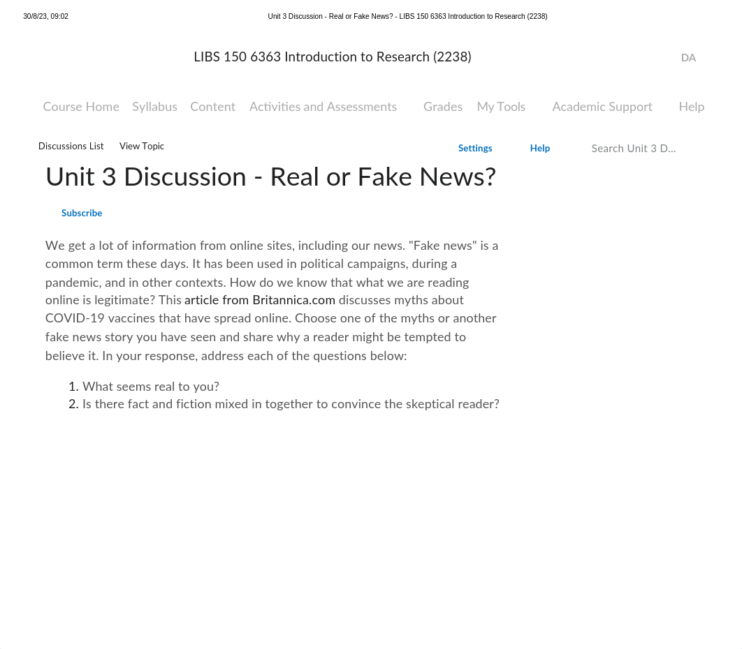 Unit 3 Discussion - Real or Fake News_ - LIBS 150 6363 Introduction to Research (2238).pdf_deub3sml5wy_page1