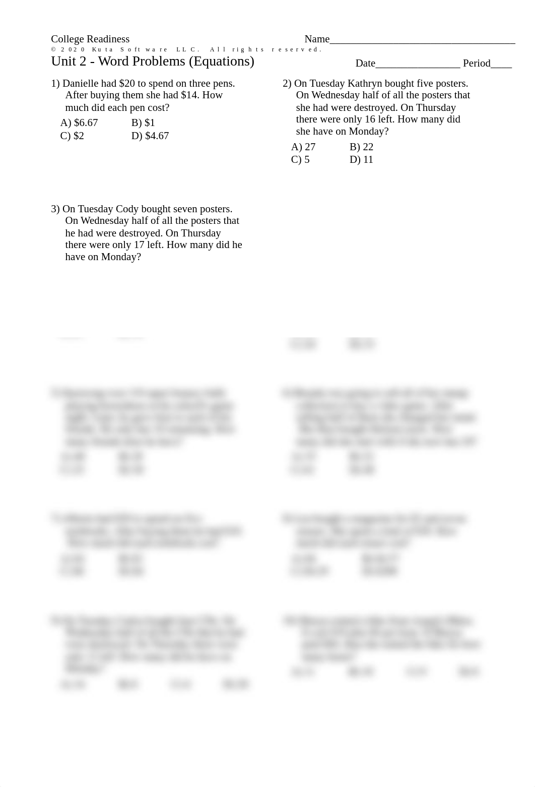 College Readiness - Unit 2 - Word Problems (Equations).pdf_dew826mgow3_page1