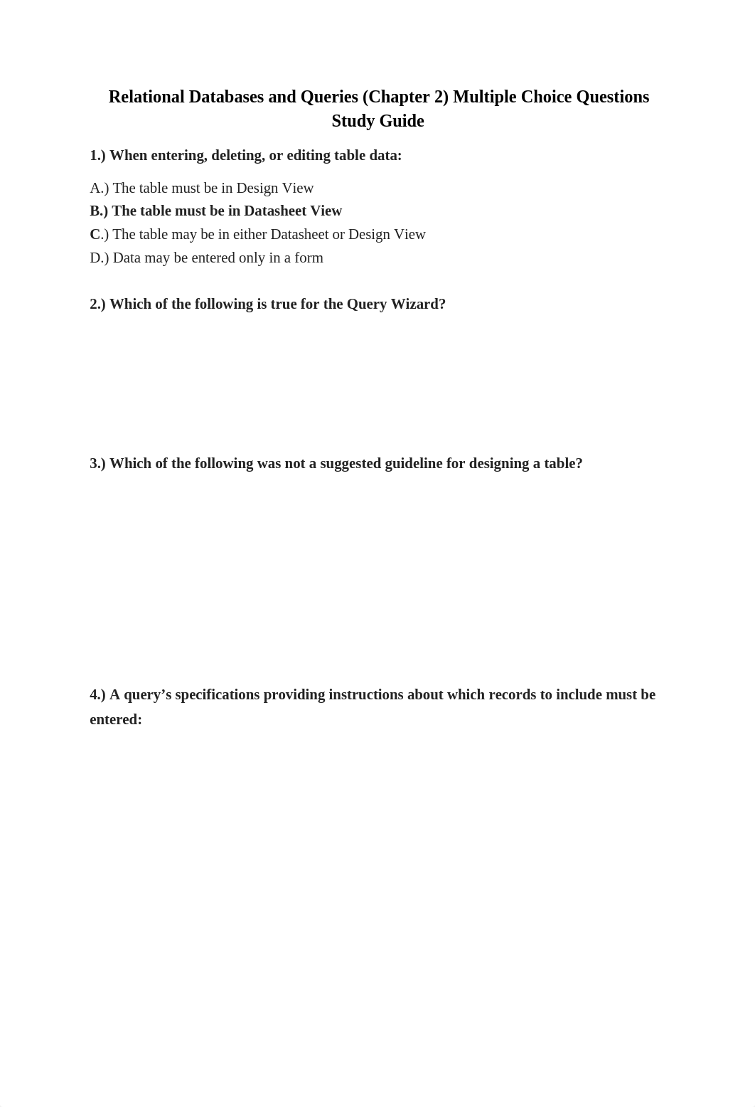 CIS 106 - Relational Databases and Queries (Chapter 2) Multiple Choice Questions Study Guide_dex11jpp9lg_page1