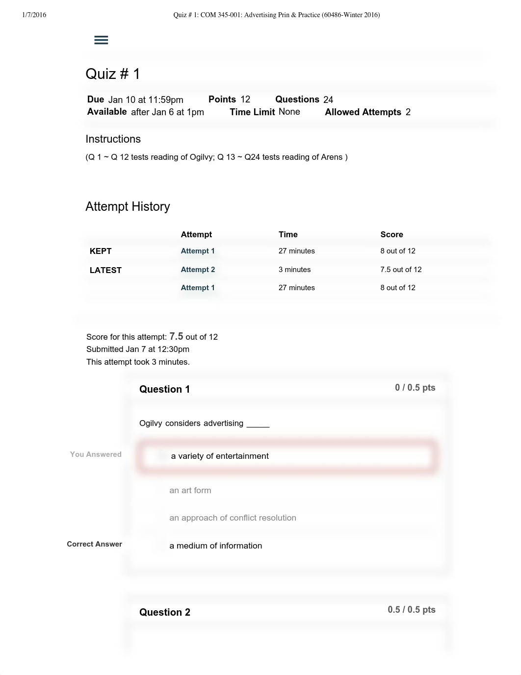 Quiz # 1_ COM 345-001_ Advertising Prin & Practice (60486-Winter 2016)_dexbq5w2t4p_page1