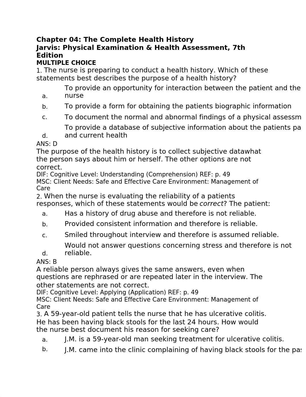 Jarvis Chapter 4 The Complete Health History Test Bank.docx_df1g03wpkx3_page1