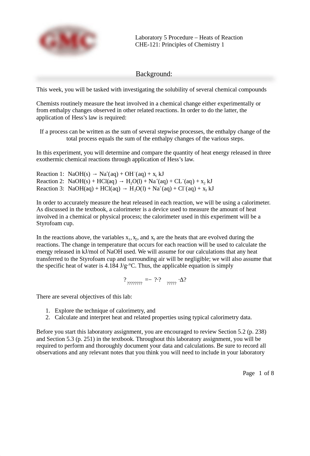 CHE121 W5 Lab  - Heats of Reaction2.pdf_df1zpg2ddl7_page1