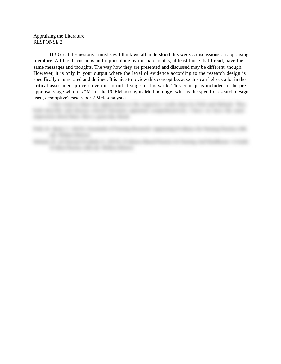 Week 3 Response 2 on Appraising the Literature.docx_df2ur0qw272_page1