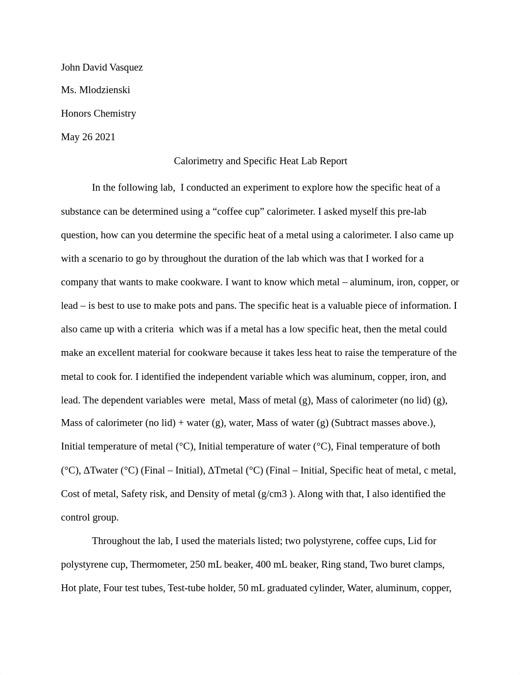 Calorimetry and Specific Heat Lab Report.pdf_df3ficq7tol_page1