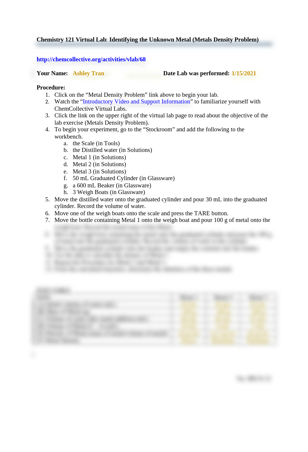 Chem 121 Lab 1 Identifying the Unknown Metal (Metals Density Problem) Data Table and Conclusions (2)_df5h6xc4u37_page1