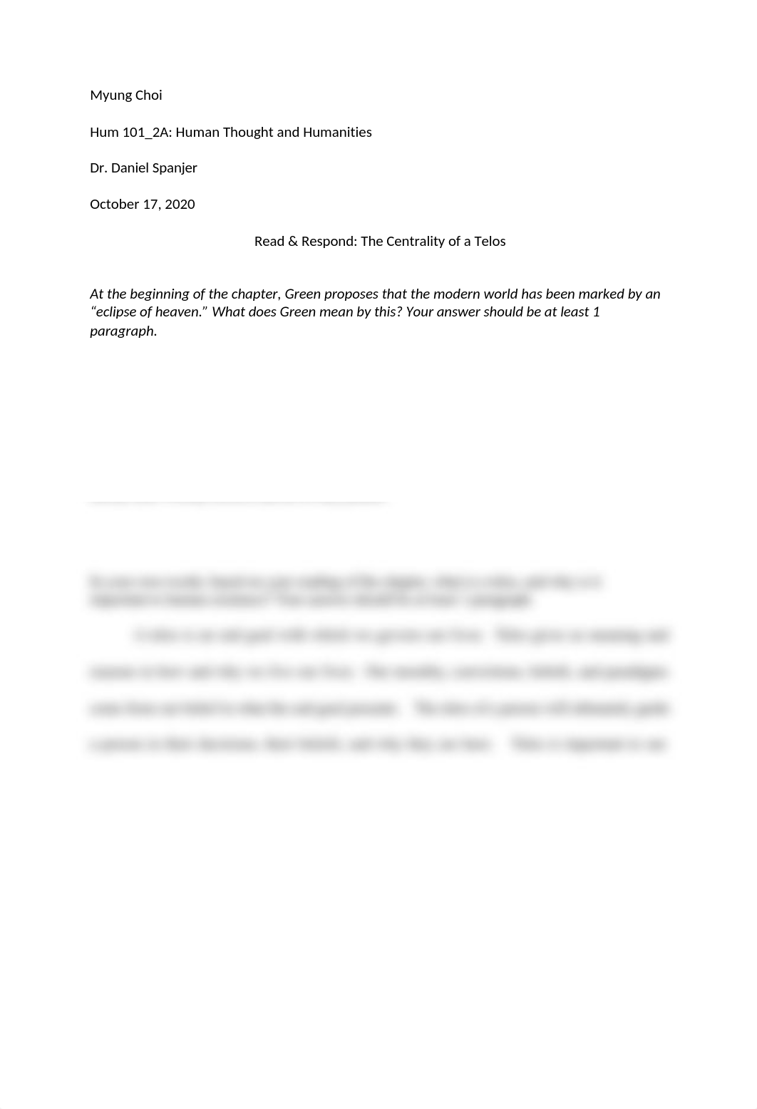 Hum 101_2A Week 3 R&R The Centrality of a Telos.docx_df6ni2m24vi_page1