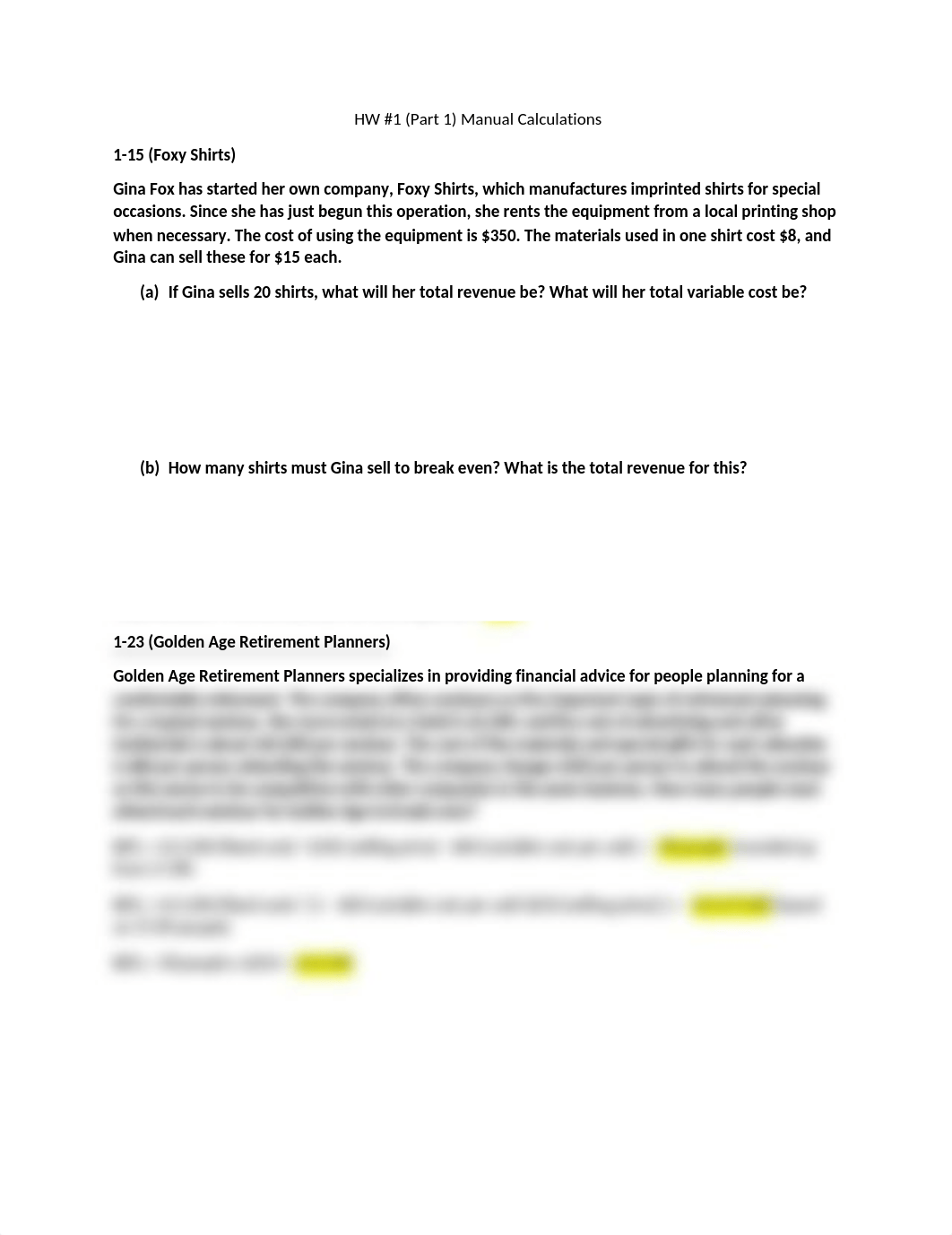 HW #1 Part 1 Break Even Analysis - Manual Calculations.docx_df9xdj0mt4e_page1