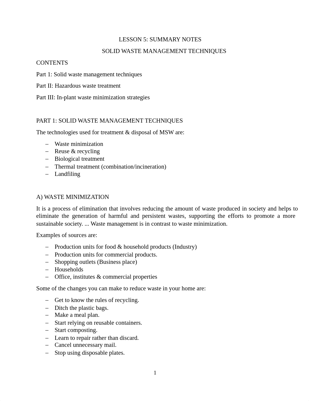 LESSON 5 SUMMARY NOTES ON - SOLID WASTE MANAGEMENT TECHNIQUES, HAZARDOUS WASTES AND IN-PLANT WASTE M_dfalcfbhbd4_page1