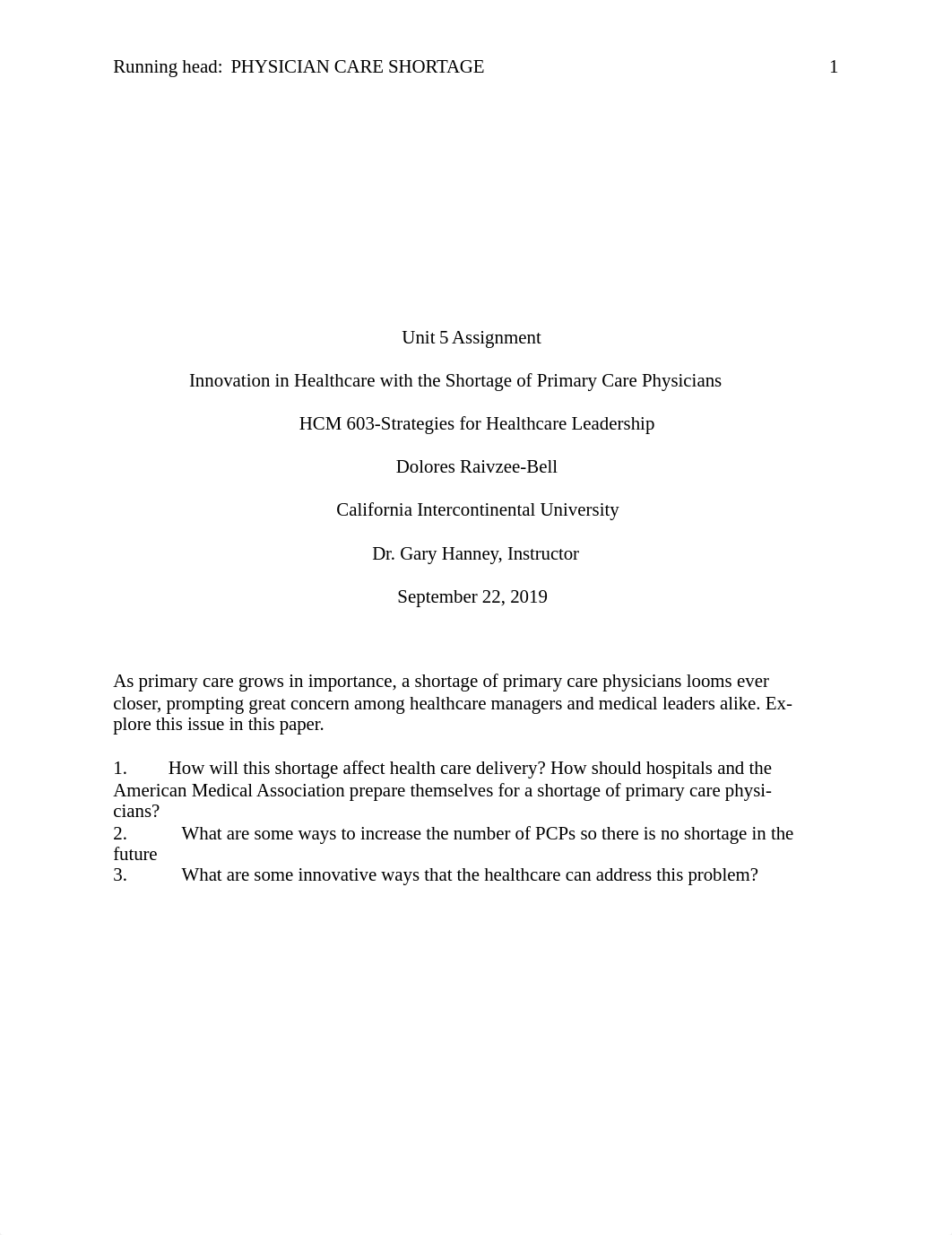 Unit 5 Assignment. Shortage of Primary Care Physicians 9.22.19.D.Bell.docx_dfbyorwf45u_page1