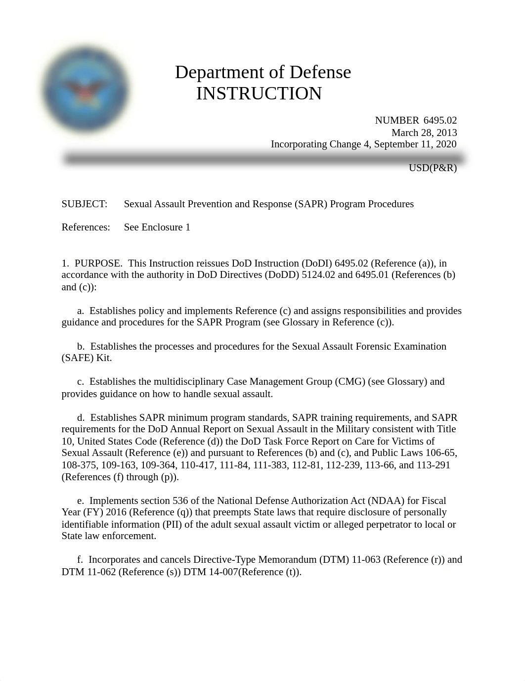 DoDI 6495.02, Sexual Assault Prevention and Response (SAPR) Program Procedures, March 28, 2013, Chan_dfc3r4h6mc9_page1