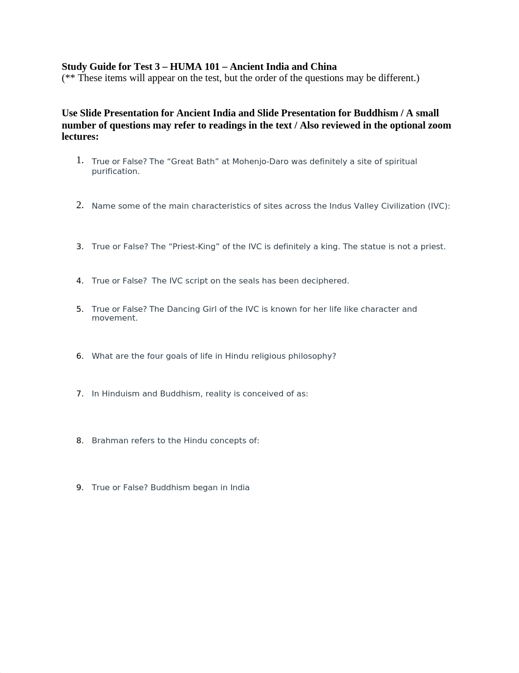 Study Guide for Test 3 - HUMA 101 (Ancient India and China).docx_dfdhfldqt63_page1