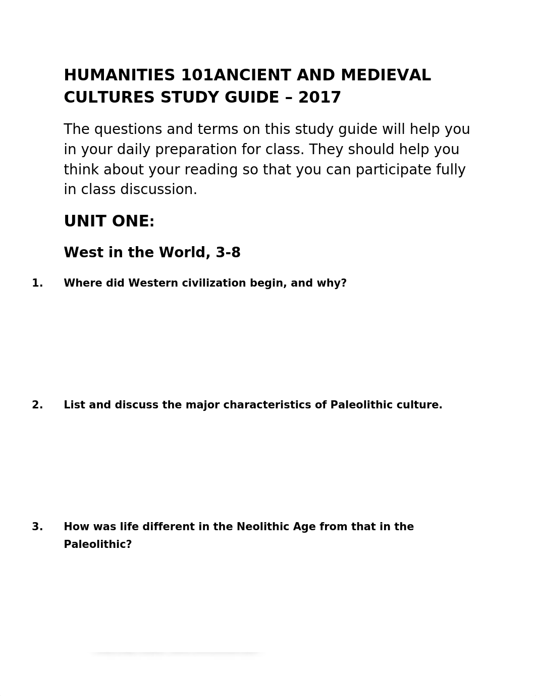 HUMANITIES 101 study guide work ANCIENT AND MEDIEVAL CULTURES STUDY GUIDE - 2017.docx_dfgphesx8ua_page1